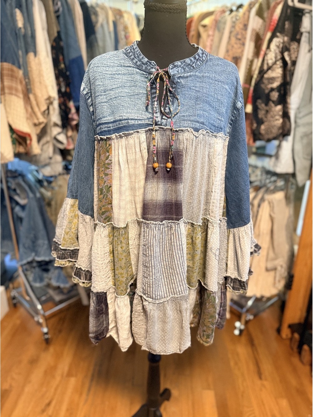 YOUNG THREADS Overdyed Jhabla Tiered Patchwork Top Grey NWT 2X